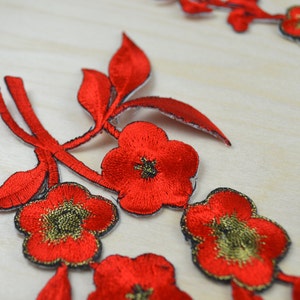 2 Red Embroidery Flower Patches/ Applique with Antique Gold Detailing and Iron-on Backing/ Red Flower Applique image 3