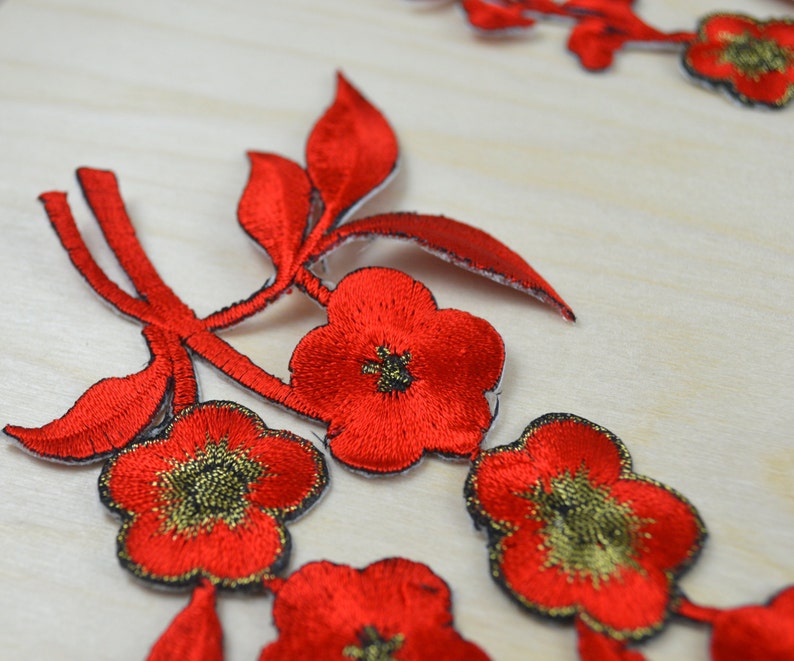 2 Red Embroidery Flower Patches/ Applique with Antique Gold Detailing and Iron-on Backing/ Red Flower Applique image 3