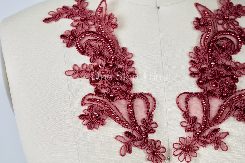 Burgundy Applique / Wine Beaded Lace Applique/ Wine Applique/ Etsy
