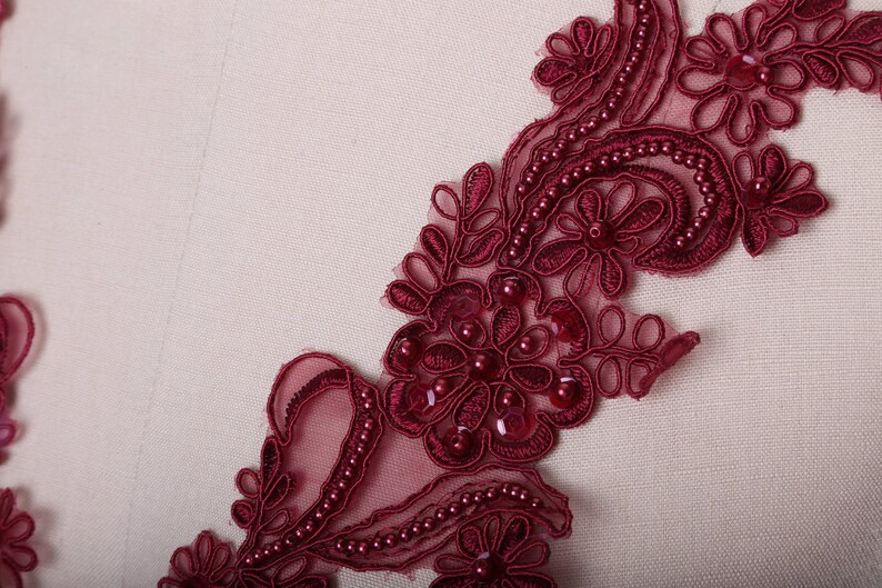 Burgundy Applique / Wine Beaded Lace Applique/ Wine Applique/ Etsy