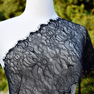 Antoinette&#39;s Black Satin Chantilly French Lace Trimming With Lashes. With Superb Motifs. Perfect for Garments and Lingerie