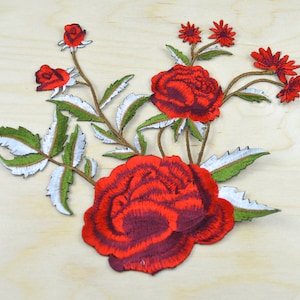 Red Rose Patch 1 PIECE Realistic Red Embroidery Rose Appliques Motif of Rose in Bush with Iron on Backing