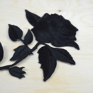 Black Rose Patch 2 Black Embroidery Patches/ Black Flower Applique Iron-on Backing Option for Mirrored Shape. Please Leave Note on Purchase image 3