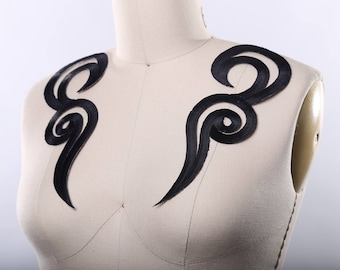 Iron on Black Applique 2 Pieces Black  Patches  in Chic and Modern Mirrored Swirl Shape.  Perfect for Neckline, Costumes and Gowns