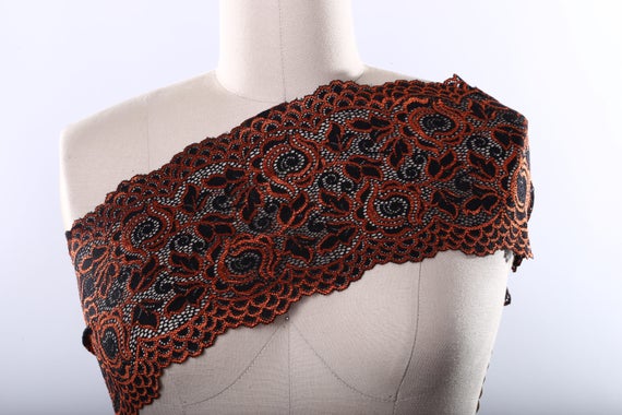 Orange & Black Stretch Lace Trim: 6" Wide Rose Motif, Sold by the Yard