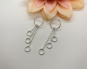 Three tier sterling silver dangle stud earrings, hammered silver earrings, drop earrings, simple sterling studs, wedding jewelry, gift idea