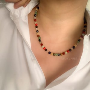 Multi-color gemstone beaded necklace, Rainbow necklace, Layering necklace, Mixed stone necklace, Natural gems, Smooth stones, Gift for her