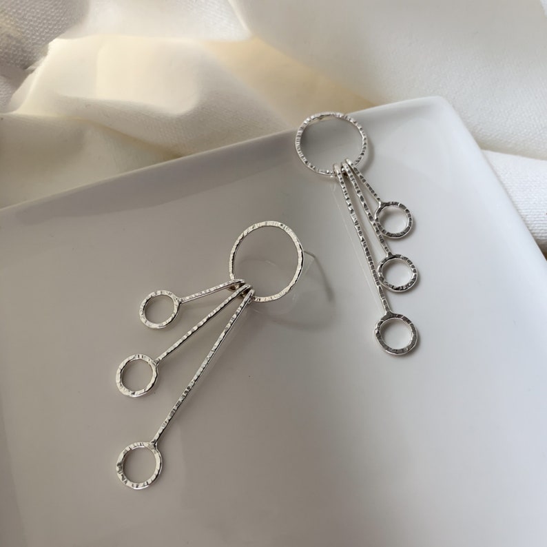 Three tier sterling silver dangle stud earrings, hammered silver earrings, drop earrings, simple sterling studs, wedding jewelry, gift idea image 7