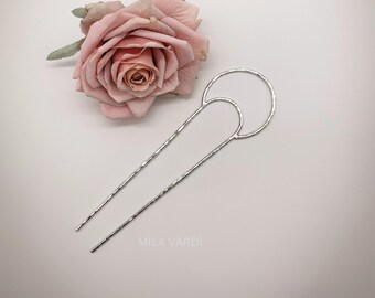 Moon crescent sterling silver hair fork, 925 silver, Simple bun holder, French hair pin, Hair arch, Hammered hair stick pin, Boho silver pin