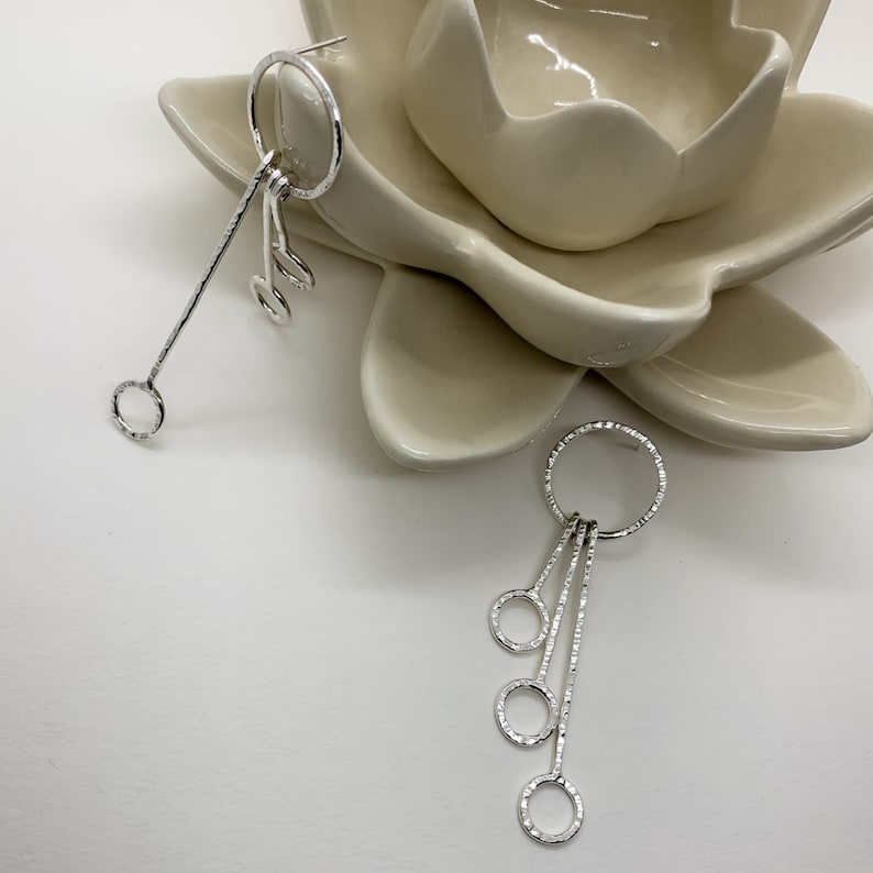 Three tier sterling silver dangle stud earrings, hammered silver earrings, drop earrings, simple sterling studs, wedding jewelry, gift idea image 9