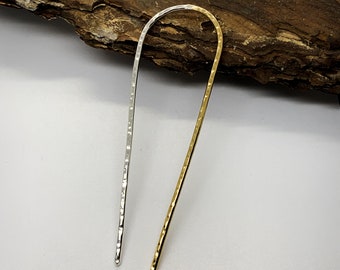 Sterling Silver Brass Hair Fork, Hammered U-Shaped Hairpin
