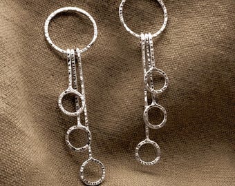 Hammered Sterling Silver Multi Strand Earrings, Artisan Kinetic Drop Jewelry, Handmade Modern Geometric Dangles, Statement Silver Earrings
