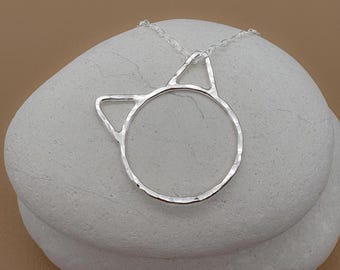 Handmade Sterling Silver Cat Pendant Necklace, Artisan Hammered Kitty Silhouette Jewelry, Minimalist Cute Animal Neck, Dainty Silver Chain