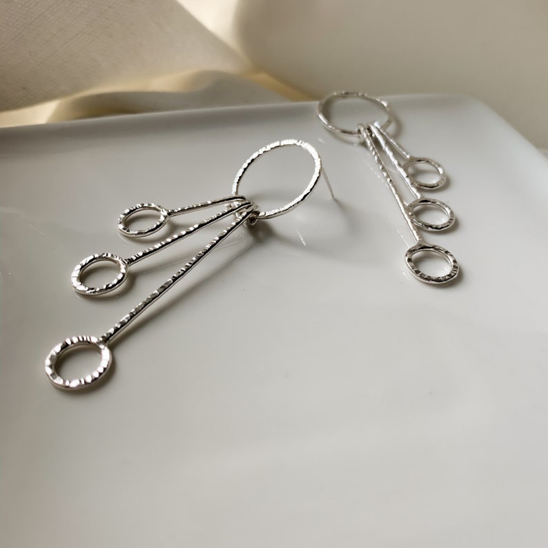 Three tier sterling silver dangle stud earrings, hammered silver earrings, drop earrings, simple sterling studs, wedding jewelry, gift idea image 2
