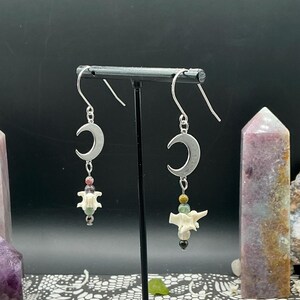 Moon Charm Ball Python Vertebrae and Jasper Earrings | Real Bone Jewelry | Whimsical Goth