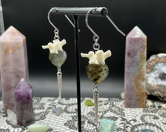 Handmade Ball Python Vertebrae and Labradorite Heart Earrings | Flashy Labradorite Bone Jewelry | Whimsical Goth