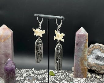 Large Rattlesnake Vertebrae and Pewter Coffin Motif Earrings | Real Bone Jewelry | Gothic Style