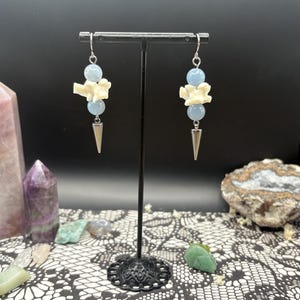 Real Bone Earrings | Ball Python Vertebrae & Angelite Dangle Earrings – Stainless Steel Macabre Jewelry