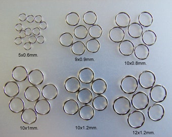 200 st. 304 rostfritt stål, slutna men olödda hoppringar. Storlek: 5x0,6 mm, 9x0,9 mm, 10x0,8 mm, 10x1 mm, 10x1,2 mm, 12x1,2 mm