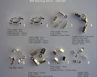 May include: Assortment of 925 sterling silver jewelry findings, including tube connectors, clasps, and a fishhook. The findings are suitable for cords ranging from 2mm to 4mm in diameter.  The image includes measurements in millimeters.