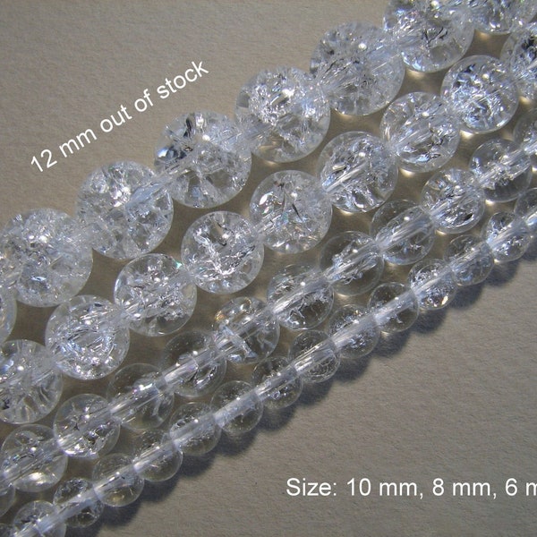 Crackle Glass Beads, Round, clear as water - with NO yellow, bluish hue. Size: 6, 8, 10 mm, Hole Approx 1mm.  Length Approx 15 inch.