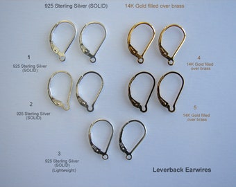 Pendientes tipo palanca de plata de ley 925 (SÓLIDA) y oro de 14 quilates rellenos sobre latón con anillo o intercambiables Vendidos por 1, 2, 3, 4, 5, 10 pares.
