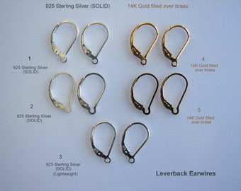 925 Sterling Silver (SOLID) & 14K Gold Filled Over Brass Leverback Earwires w Ring or Interchangeable Sold by 1, 2, 3, 4, 5, 10 pairs.