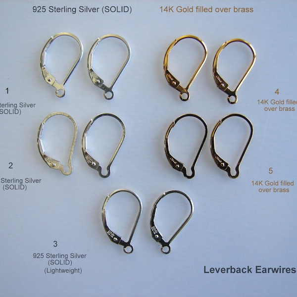 925 Sterling Silver (SOLID) & 14K Gold Filled Over Brass Leverback Earwires w Ring or Interchangeable Sold by 1, 2, 3, 4, 5, 10 pairs.