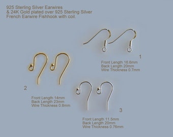 925 Sterling Silver Earwires & 24K Gold plated over 925 Sterling Silver French Earwire Fishhook with coil 1, 2, 3, 5, 10, 20pairs ...