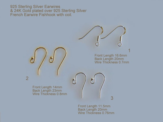 925 Sterling Silver Earwires & 24K Gold plated over 925 Sterling Silver French Earwire Fishhook with coil 1, 2, 3, 5, 10, 20pairs ...