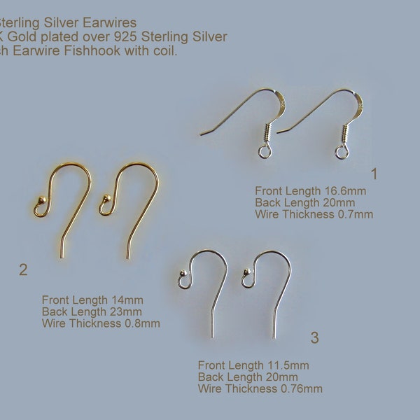 925 Sterling Silver Earwires & 24K Gold plated over 925 Sterling Silver French Earwire Fishhook with coil 1, 2, 3, 5, 10, 20pairs ...