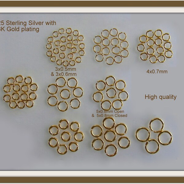 Jump Rings 925 Sterling Silver with 18K Gold plating Opened 3mm, 4mm,  5mm,   Sold by 2, 4, 6, 10, 20, 30, 40, 50, 100pcs