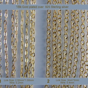 18K Gold plated over 925 Sterling Silver Chain Unfinished Fine Flat Link  &  Oval Link Chains.  By yards and By foot.  ...
