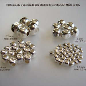 May include: A collection of four groups of silver cube beads, each group with a different size. The beads are arranged in a circular pattern. The text below each group indicates the size of the beads and the size of the hole in millimeters.  High quality Cube beads 925 Sterling Silver (SOLID) Made in Italy