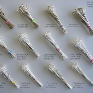 Headpin with Ball, Flat Hat, Curved hat,  925 Sterling Silver (SOLID) 2, 4, 10, 20, 30, 50pcs. All sizes shown on picture...