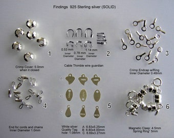 May include: Assortment of silver jewelry findings, including crimp covers, cable thimbles, end caps, and clasps. The findings are arranged on a white background with labels indicating their sizes and uses. The text "Findings 925 Sterling silver (SOLID)" is at the top of the image.