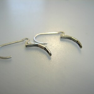 May include: Two silver earring hooks with a spring closure. The hooks are made of metal and have a smooth finish.