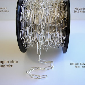 May include: A spool of 925 sterling silver rectangular chain, made in Italy. The chain is made of round wire and has a link size of 11.4 mm by 4.2 mm. The chain is unfinished and is of high quality.