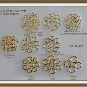 May include: An assortment of gold-plated 925 sterling silver jump rings in various sizes, including 3x0.5mm, 3x0.6mm, 4x0.7mm, 4x0.8mm, 5x0.8mm, 5x1mm, 6x1mm, and 7x1mm. The image includes the text "High quality".