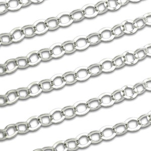 May include: Silver chain with oval links. The chain is flat and has a shiny finish.