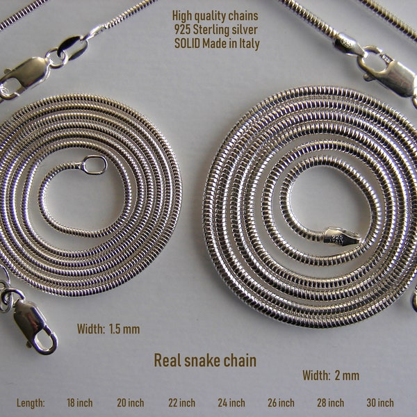 925 Sterling  Silver Snake Chain. Real snake chain Made in Italy, Width 1.5mm and 2mm Necklace Snake Chains 18- 32" ...