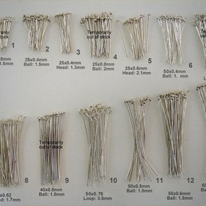 Eyepin, Headpin with Ball, Flat Head, 925 Sterling Silver (SOLID) 4pcs, 10pcs, 20pcs, 30pcs. All sizes shown on picture. ...
