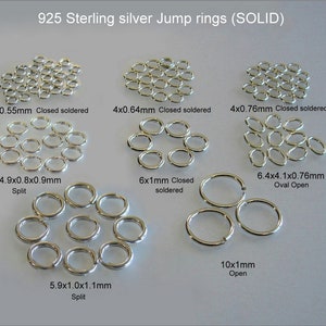 May include: A selection of sterling silver jump rings in various sizes and styles. The rings are closed soldered, split, and open. The sizes are 3x0.55mm, 4x0.64mm, 4x0.76mm, 4.9x0.8x0.9mm, 6x1mm, 6.4x4.1x0.76mm, 5.9x1.0x1.1mm, and 10x1mm.
