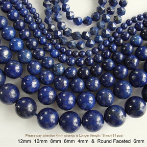Natural lapis lazuli beads strands are dyed  Sizes round 12mm, 10mm, 8mm, 6mm, 4mm, and faceted 6mm. Our strands are 7.75"  in length.