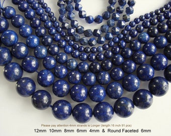 Natural lapis lazuli beads strands are dyed  Sizes round 12mm, 10mm, 8mm, 6mm, 4mm, and faceted 6mm. Our strands are 7.75"  in length.