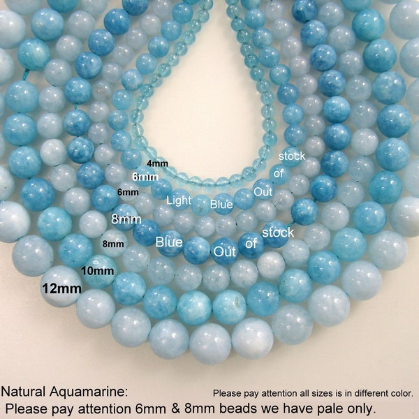 Natural Aquamarine Bead Strands, Round, Aquamarine, 12mm, 10mm, 8mm, 6mm, 4mm, Hole: 1mm; about 15inch.