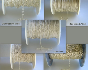 925 Sterling Silver Chain Unfinished Oval Flat Link chain, Box chain, Curb chain, Half round ROLO chain, Diamond Cut Chain By yard & foot...