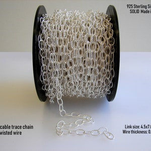 925 Sterling Silver Chain Unfinished Made in Italy Oval cable trace chain Twisted wire Link size: 4.5x7.0 mm Sale by yard & foot.
