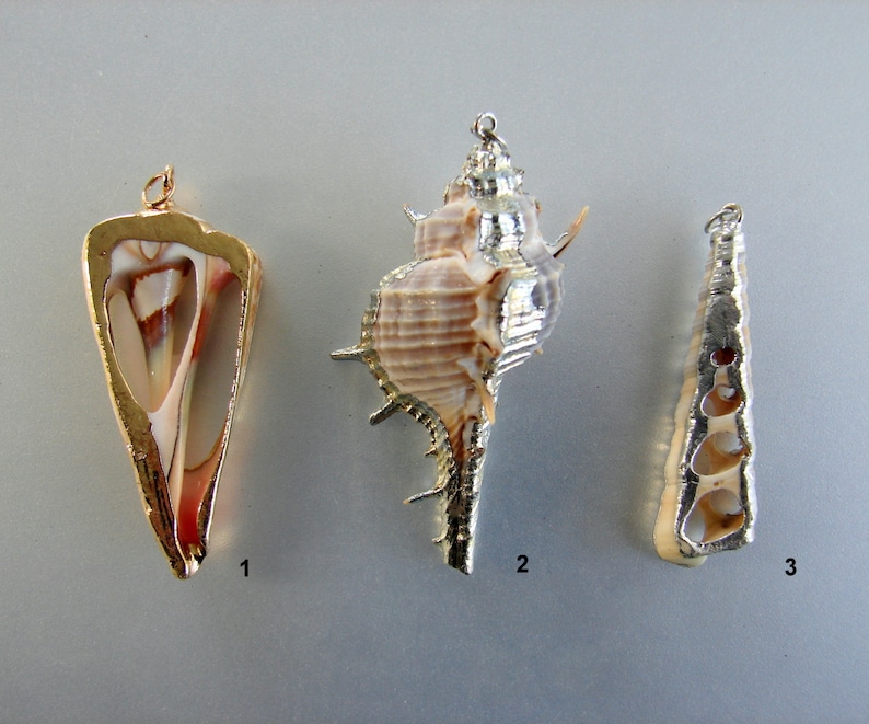 May include: Three gold-plated seashells with a hole for hanging. The shells are different shapes and sizes. The first shell is a long, thin, pointed shell. The second shell is a larger, more rounded shell. The third shell is a shorter, more rounded shell.