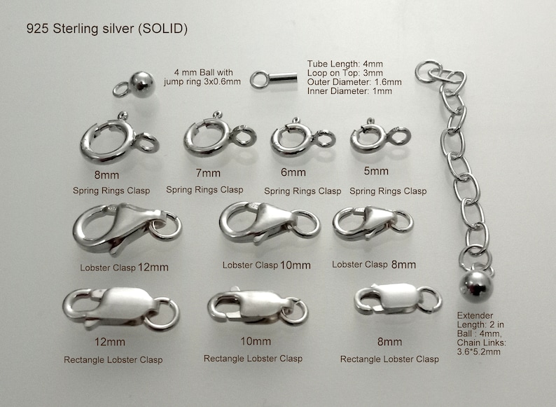 May include: Assortment of silver clasps and jump rings in various sizes, including spring rings, lobster clasps, and rectangle lobster clasps.  Also included is a 2-inch extender chain with a 4mm ball and 3.6 x 5.2mm links.